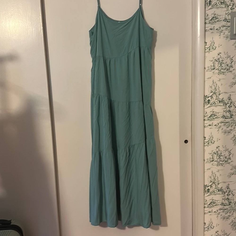 Asymmetrical blue-green tiered maxi dress